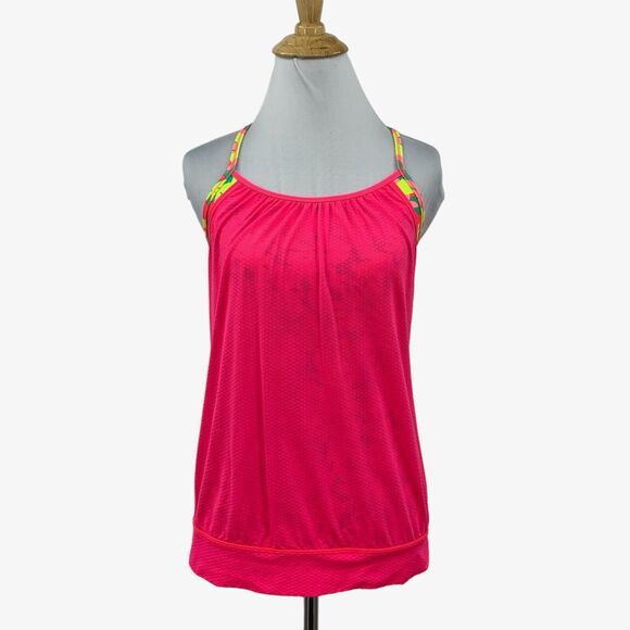 Ivivva Tank Top Girl 14 Hot Pink Neon Floral Double Dutch Built In Bra Lululemon - Picture 1 of 12